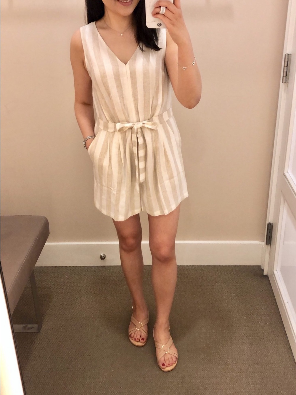 LOFT Striped Double V Linen Romper
